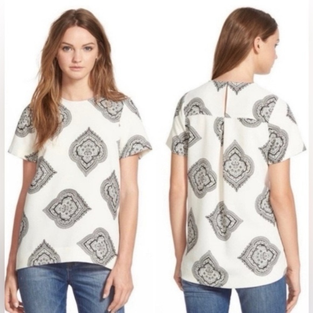 Madewell Estate Paisley Oversized Black Ivory Tailored Top Blouse Short Sleeve